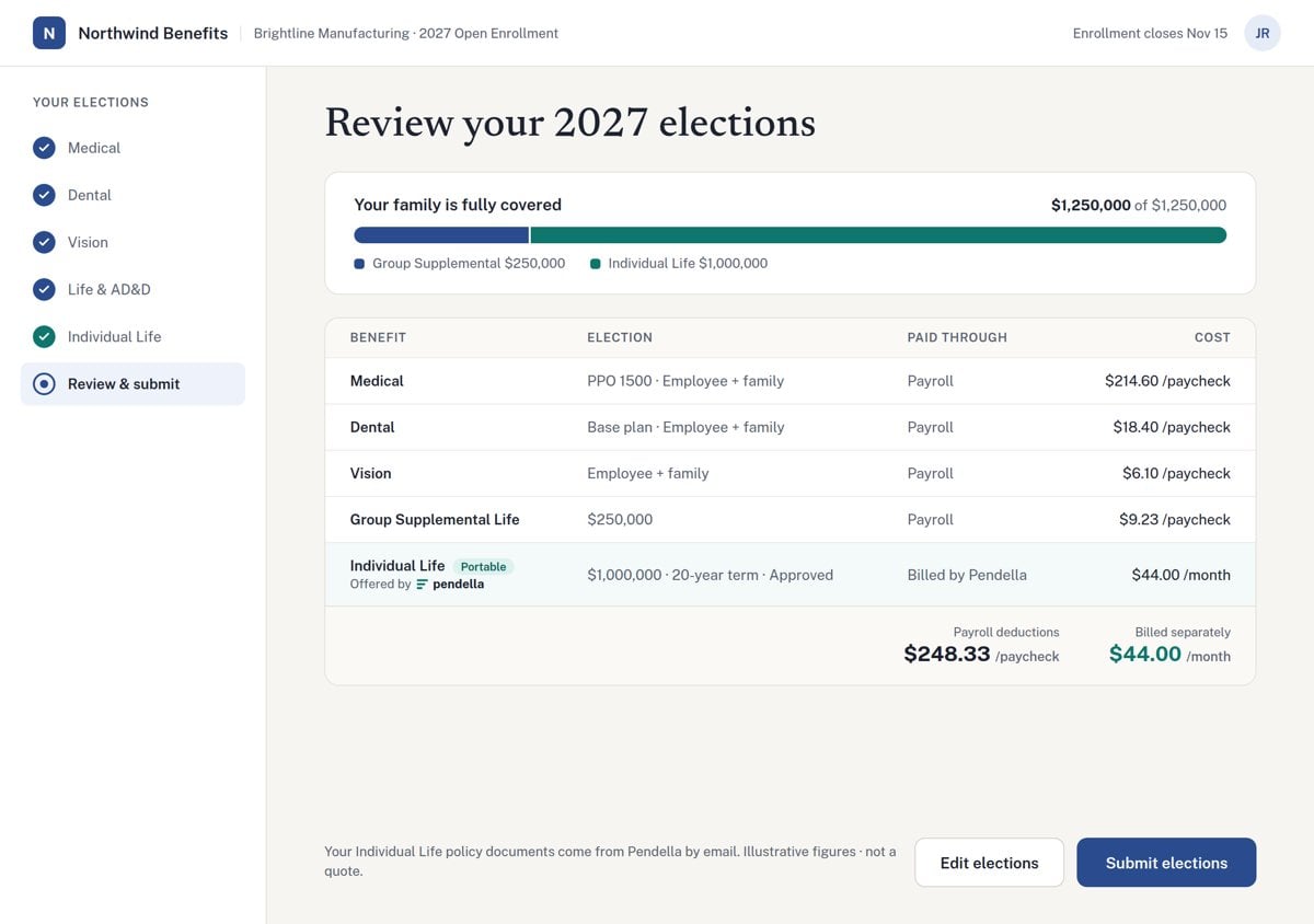 Review screen showing Individual Life listed alongside medical, dental, and vision in the member's 2027 benefit elections.